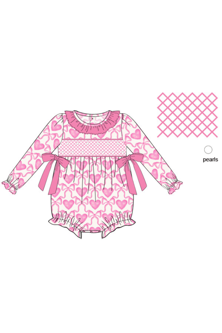 The Smocked Flamingo Apparel & Accessories Pre-Order Smocked Heirloom Pearl Heart and Bow Bubble