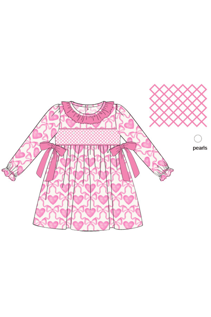The Smocked Flamingo Apparel & Accessories Pre-Order Smocked Heirloom Pearl Heart and Bow Dress