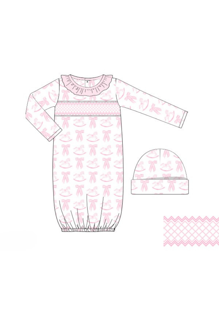 The Smocked Flamingo Apparel & Accessories Pre-Order Smocked Heirloom Pink Rocking Horse Layette Gown and Hat Set