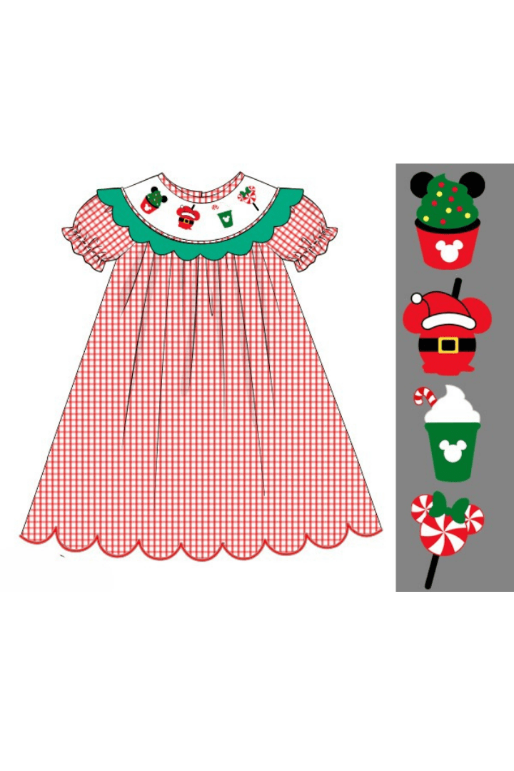 The Smocked Flamingo Apparel & Accessories Pre-Order Smocked Holiday Park Snacks Red Windowpane Scalloped Dress