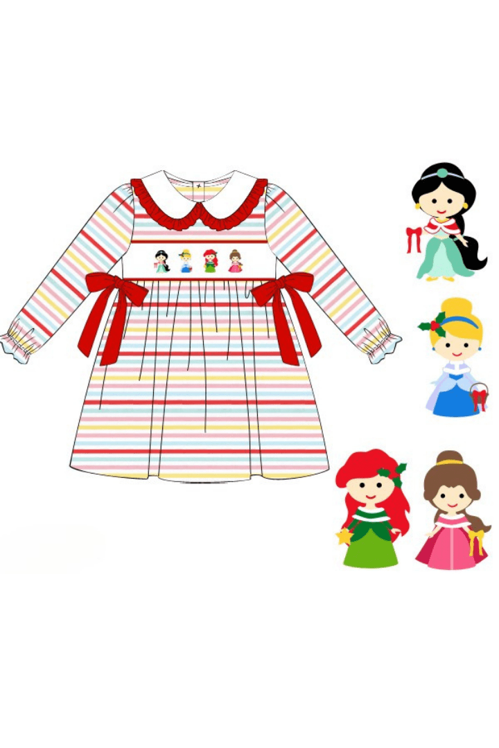 The Smocked Flamingo Apparel & Accessories Pre-Order Smocked Holiday Princess Multi Stripe Bow Dress