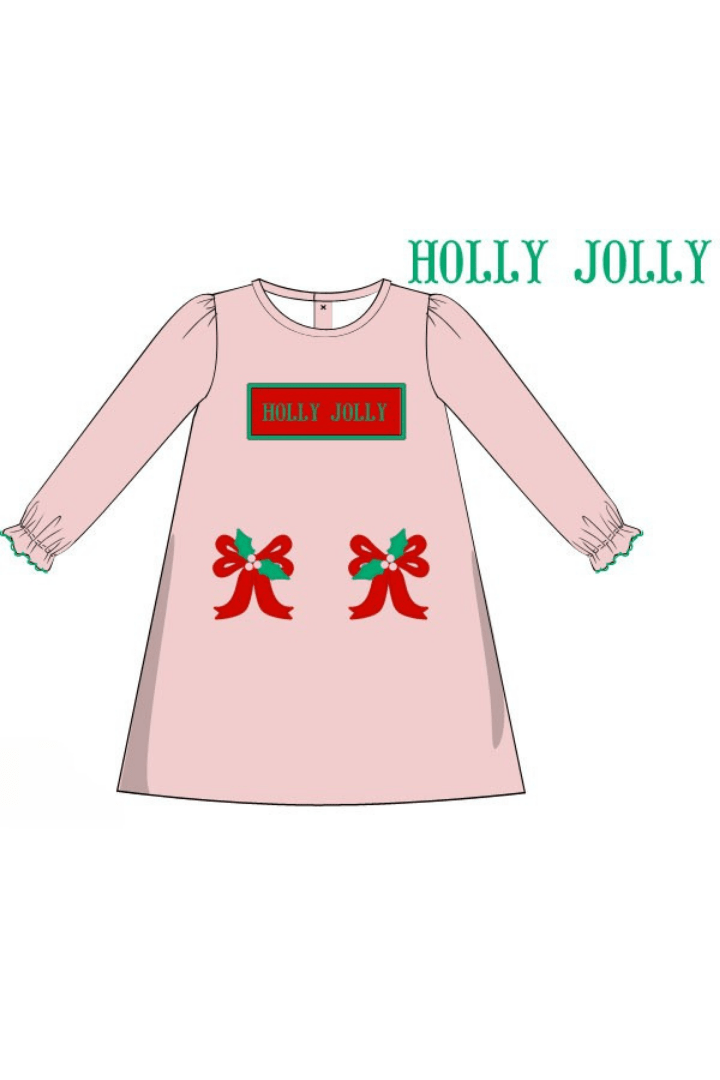 The Smocked Flamingo Apparel & Accessories Pre-Order Smocked Holly Jolly Pink Bow Dress