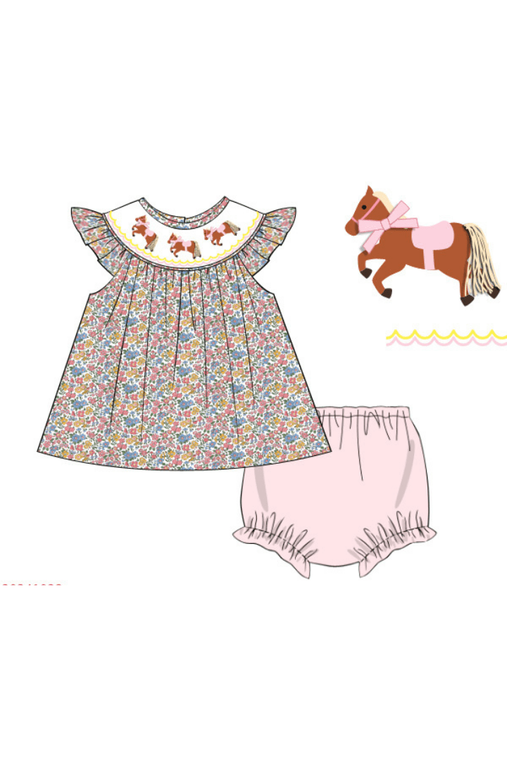The Smocked Flamingo Apparel & Accessories Pre-Order Smocked Horse Floral Bishop Bloomer Set