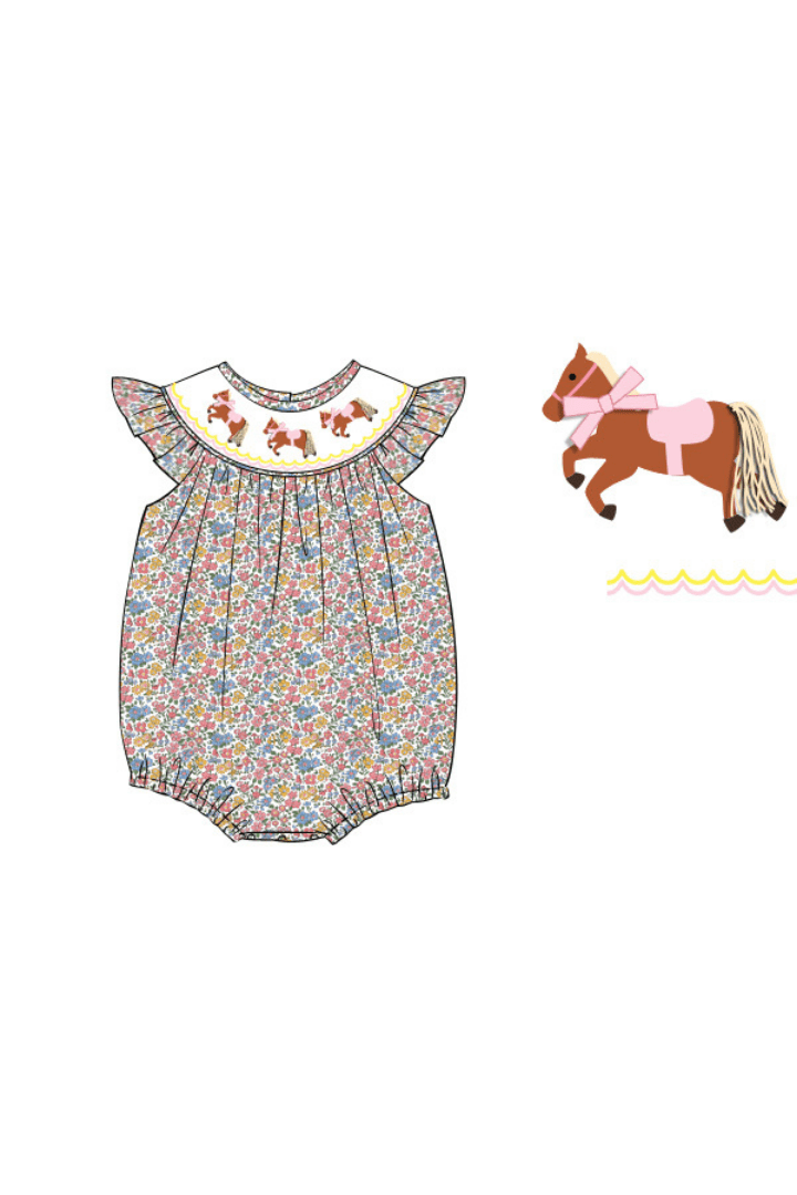 The Smocked Flamingo Apparel & Accessories Pre-Order Smocked Horse Floral Bishop Bubble