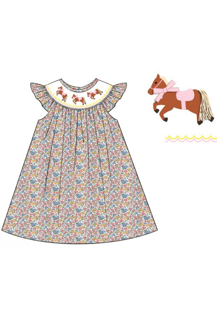 The Smocked Flamingo Apparel & Accessories Pre-Order Smocked Horse Floral Bishop Dress