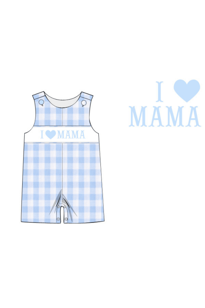 The Smocked Flamingo Apparel & Accessories Pre-Order Smocked I Love Mama Blue Gingham Jon Jon
