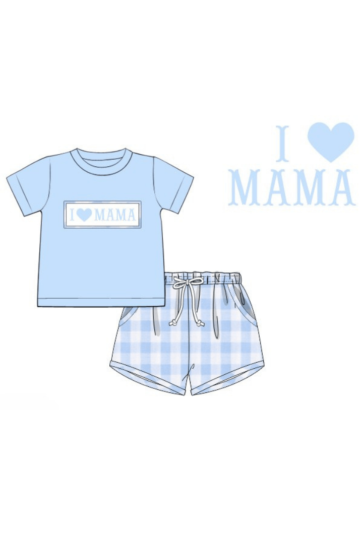 The Smocked Flamingo Apparel & Accessories Pre-Order Smocked I Love Mama Blue Gingham Short Set