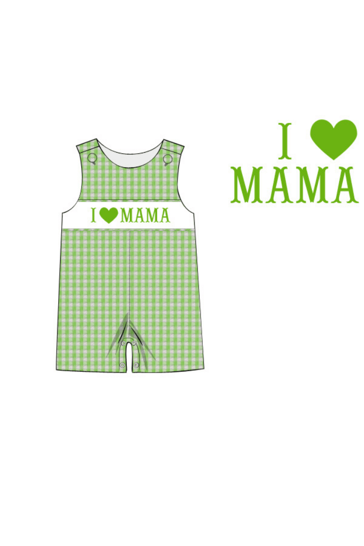 The Smocked Flamingo Apparel & Accessories Pre-Order Smocked I Love Mama Green Seersucker Gingham Jon Jon