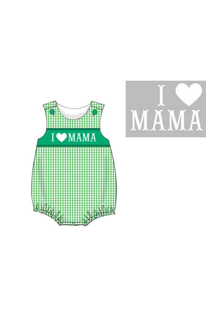 The Smocked Flamingo Apparel & Accessories Pre-Order Smocked I Love Mama Green Windowpane Bubble