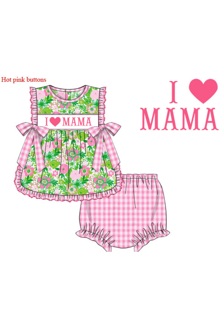 The Smocked Flamingo Apparel & Accessories Pre-Order Smocked I Love Mama Pink and Green Floral Apron Set
