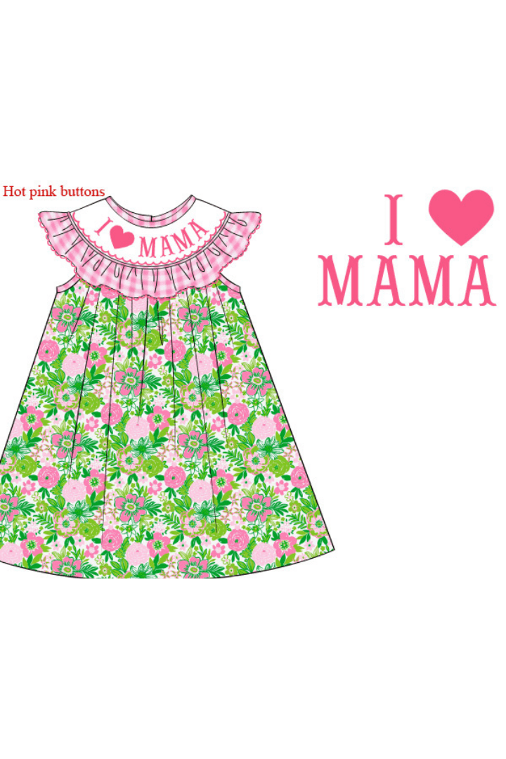 The Smocked Flamingo Apparel & Accessories Pre-Order Smocked I Love Mama Pink and Green Floral Dress