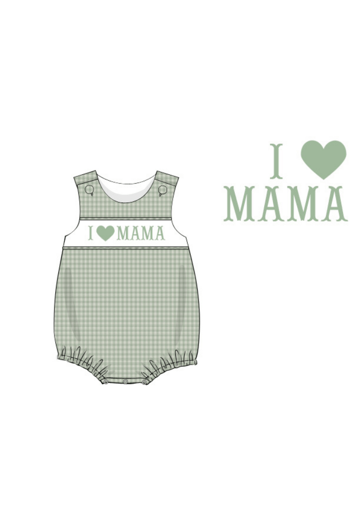 The Smocked Flamingo Apparel & Accessories Pre-Order Smocked I Love Mama Sage Seersucker Bubble