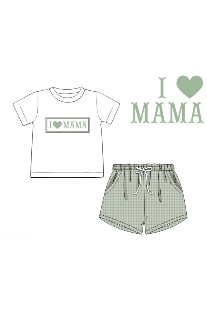 The Smocked Flamingo Apparel & Accessories Pre-Order Smocked I Love Mama Sage Seersucker Short Set
