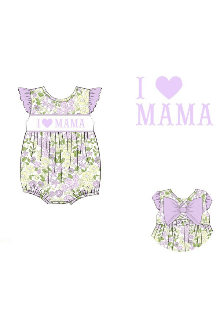 The Smocked Flamingo Apparel & Accessories Pre-Order Smocked I Love Mama Yellow and Lavender Floral Bow Bubble