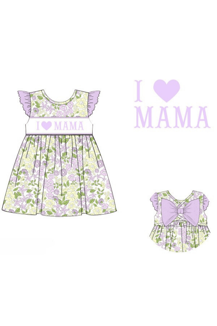 The Smocked Flamingo Apparel & Accessories Pre-Order Smocked I Love Mama Yellow and Lavender Floral Bow Dress