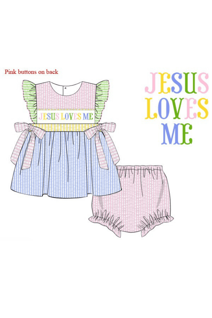 The Smocked Flamingo Apparel & Accessories Pre-Order Smocked Jesus Loves Me Seersucker Colorblock Bloomer Set