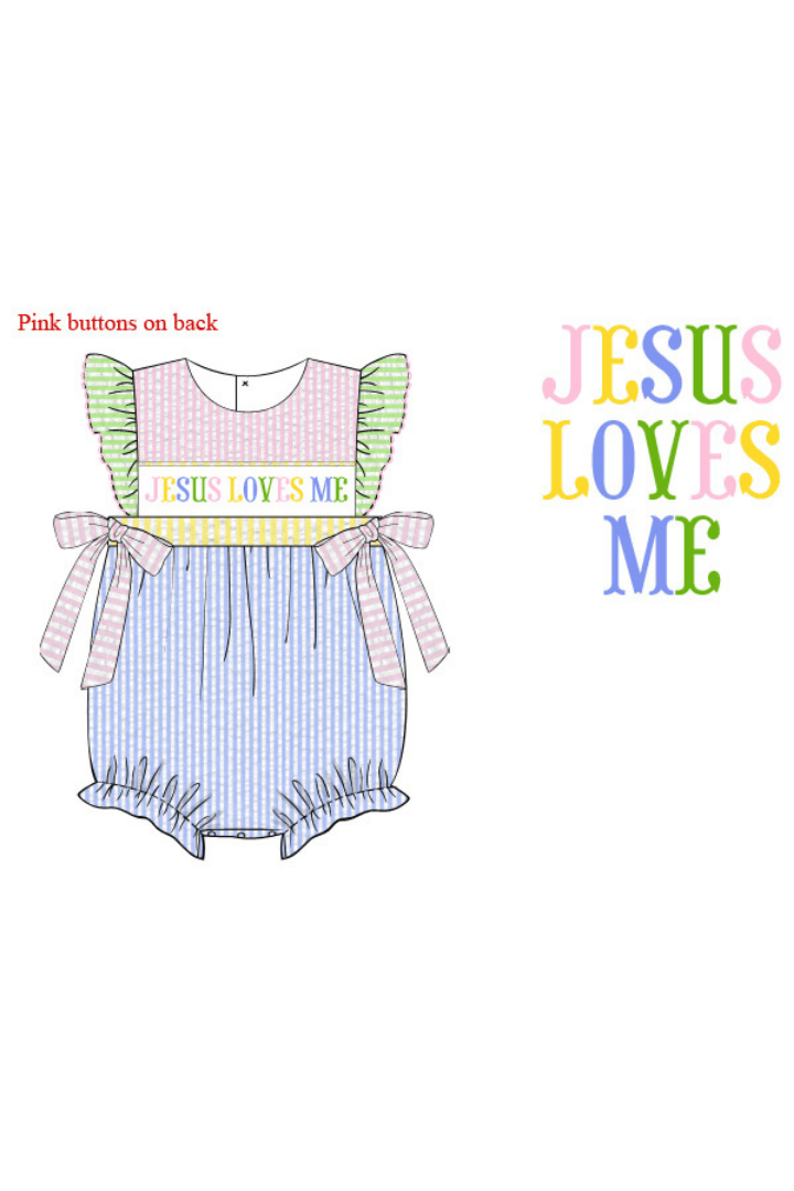 The Smocked Flamingo Apparel & Accessories Pre-Order Smocked Jesus Loves Me Seersucker Colorblock Bubble