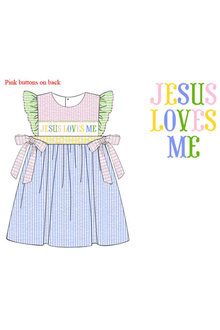 The Smocked Flamingo Apparel & Accessories Pre-Order Smocked Jesus Loves Me Seersucker Colorblock Dress