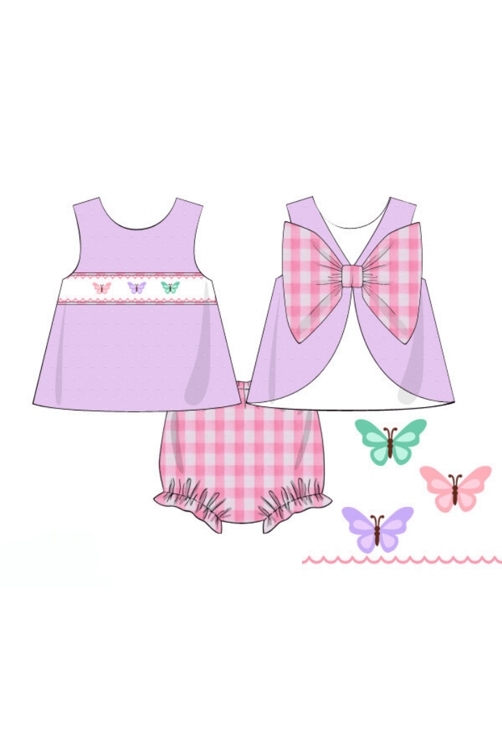 The Smocked Flamingo Apparel & Accessories Pre-Order Smocked Lavender/Pink Butterfly Set