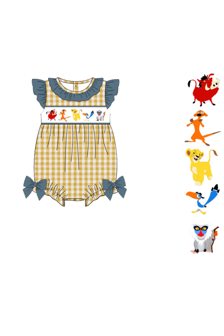 The Smocked Flamingo Apparel & Accessories Pre-Order Smocked Lion Friends Stone and Yellow Seersucker Bow Bubble
