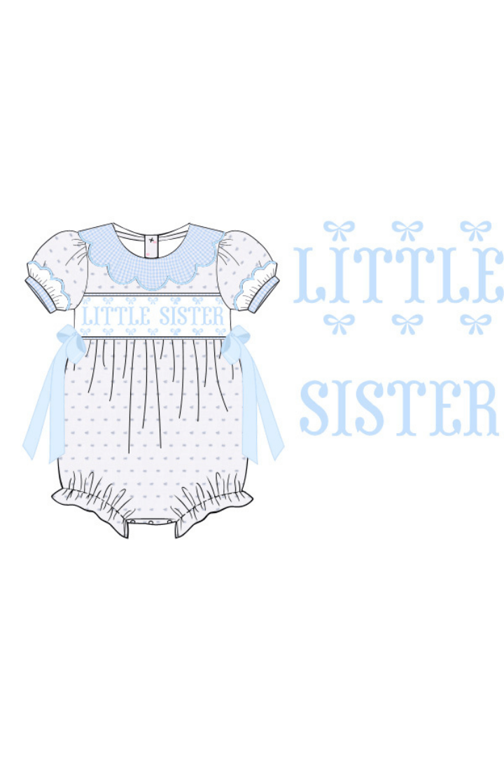 The Smocked Flamingo Apparel & Accessories Pre-Order Smocked Little Sister Blue and White Swiss Dot Bow Bubble