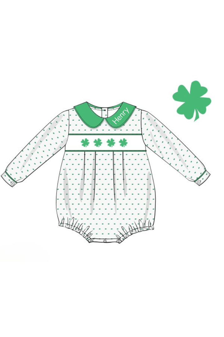 The Smocked Flamingo Apparel & Accessories Pre-Order Smocked Lucky Charm Green Swiss Dot Bubble