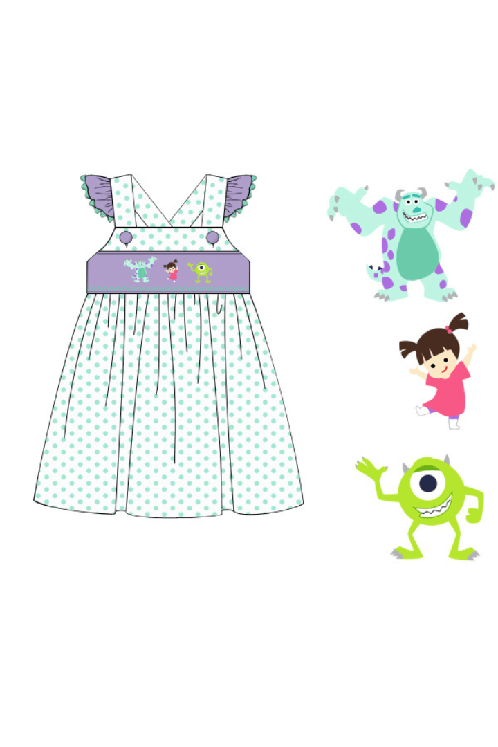 The Smocked Flamingo Apparel & Accessories Pre-Order Smocked Monsters Mint and Lavender Ruffle Dress