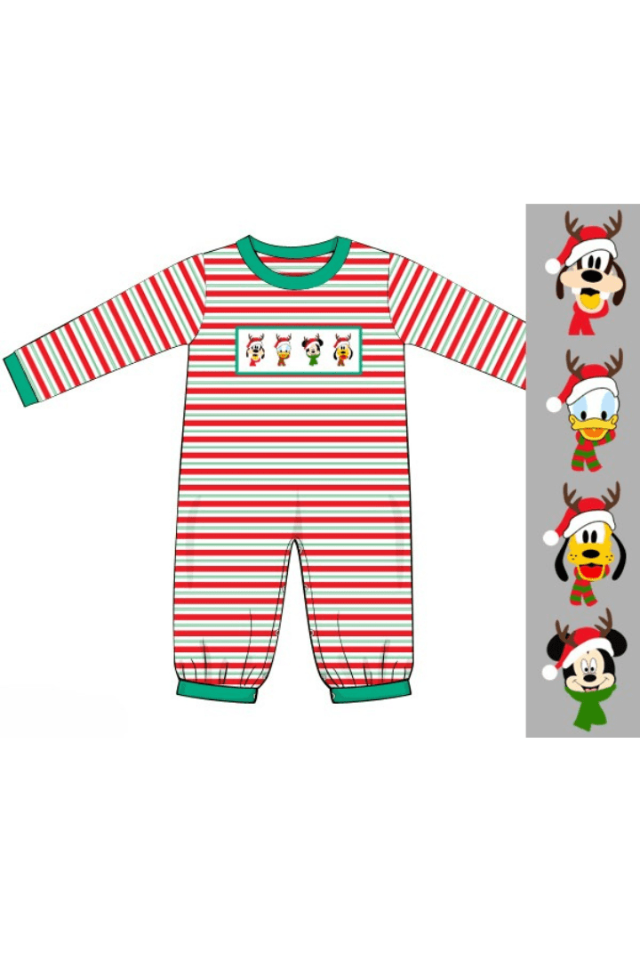The Smocked Flamingo Apparel & Accessories Pre-Order Smocked Mouse Reindeer Friends Striped Romper
