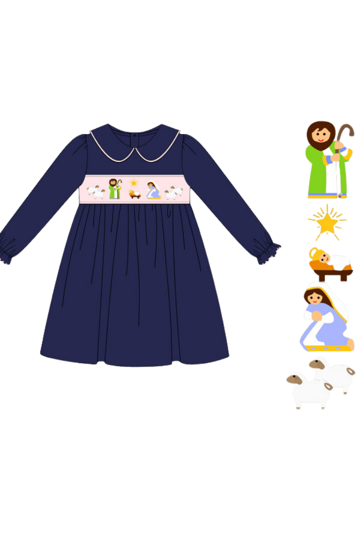 The Smocked Flamingo Apparel & Accessories Pre-Order Smocked Nativity Navy/Pink Knit Dress