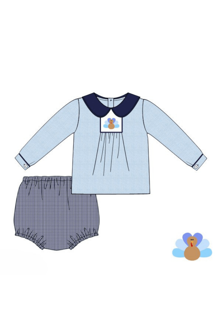 The Smocked Flamingo Apparel & Accessories Pre-Order Smocked Navy Blue Gingham Turkey Diaper Set
