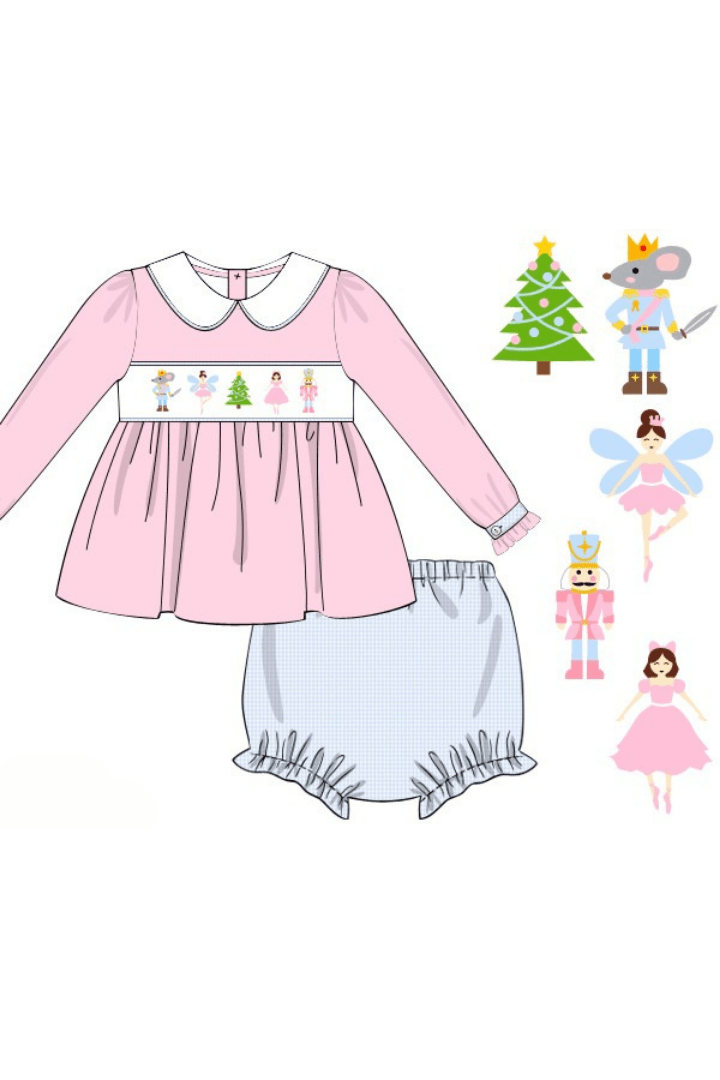 The Smocked Flamingo Apparel & Accessories Pre-Order Smocked Nutcracker Ballet Pink Corduroy/Blue Gingham Bloomer Set