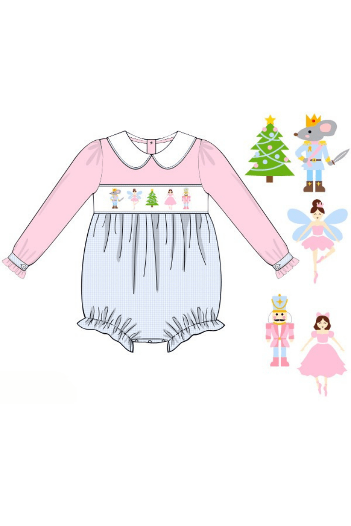 The Smocked Flamingo Apparel & Accessories Pre-Order Smocked Nutcracker Ballet Pink Corduroy/Blue Gingham Bubble