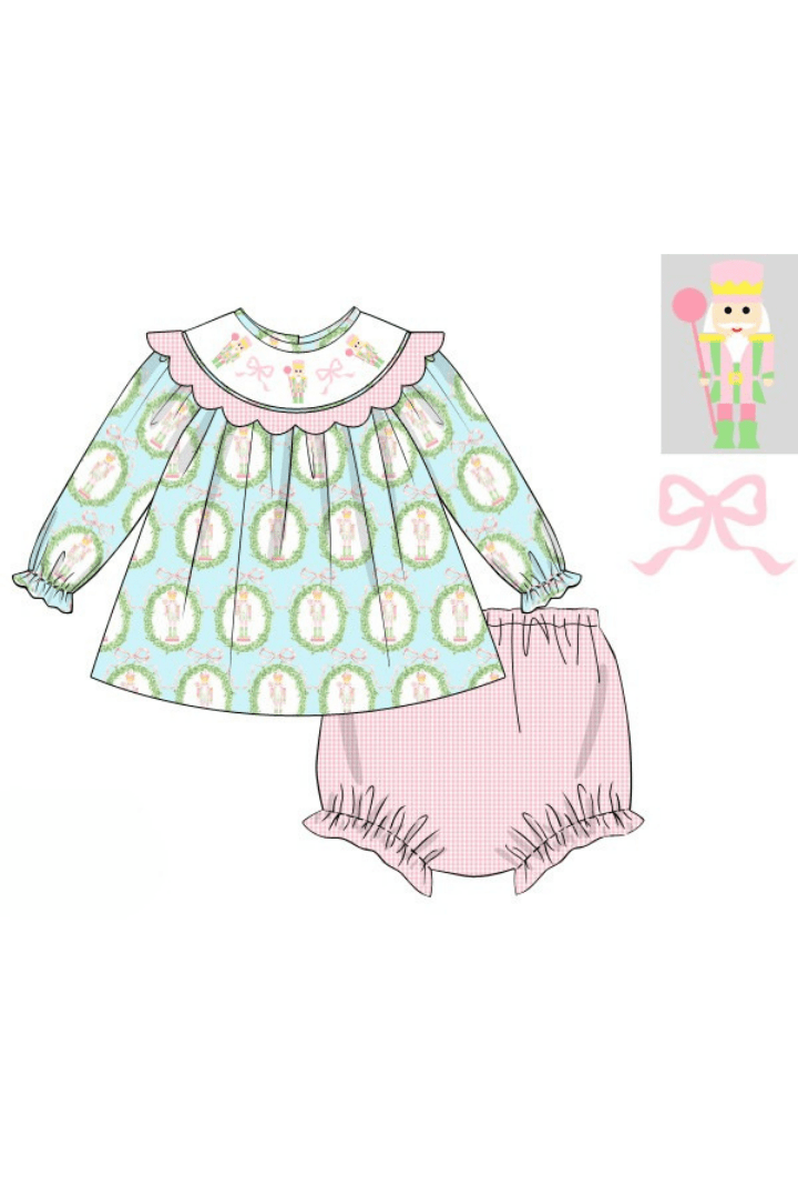 The Smocked Flamingo Apparel & Accessories Pre-Order Smocked Nutcracker Mint and Pink Scalloped Bloomer Set