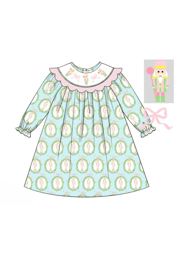The Smocked Flamingo Apparel & Accessories Pre-Order Smocked Nutcracker Mint and Pink Scalloped Dress