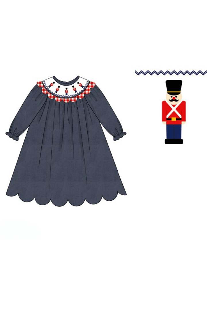 The Smocked Flamingo Apparel & Accessories Pre-Order Smocked Nutcracker Navy Corduroy Gingham Scalloped Dress