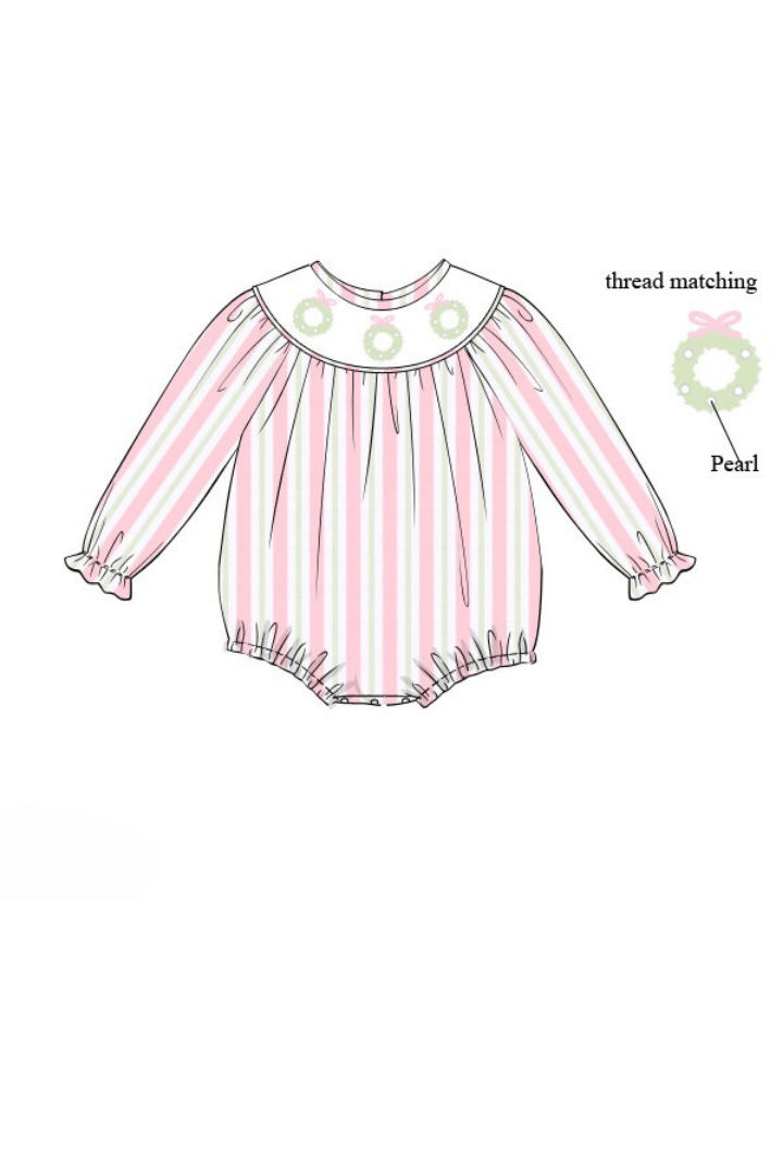 The Smocked Flamingo Apparel & Accessories Pre-Order Smocked Pearl Wreath Pink and Green Stripe Bubble