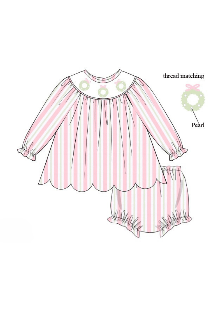 The Smocked Flamingo Apparel & Accessories Pre-Order Smocked Pearl Wreath Pink and Green Stripe Scallop Bloomer Set