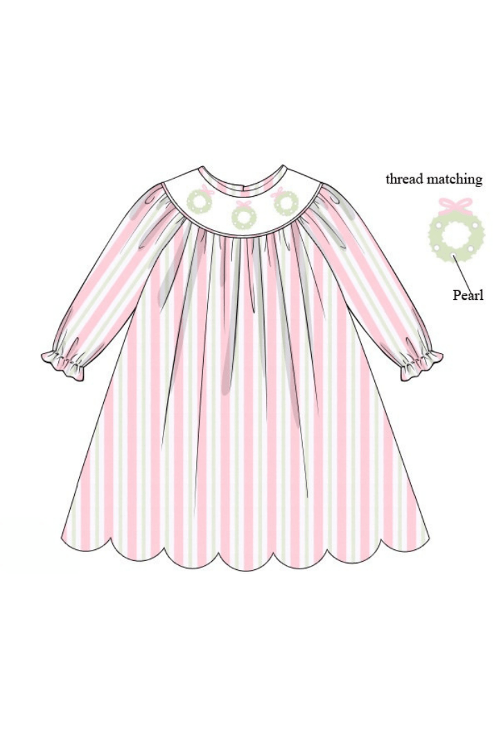The Smocked Flamingo Apparel & Accessories Pre-Order Smocked Pearl Wreath Pink and Green Stripe Scallop Dress