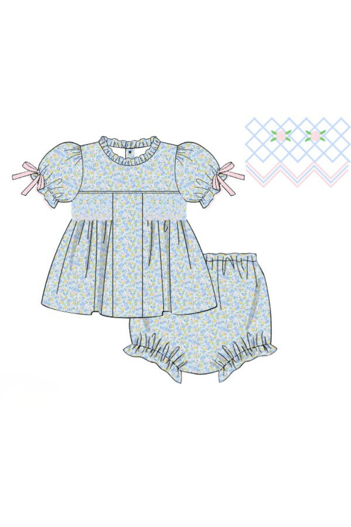 The Smocked Flamingo Apparel & Accessories Pre-Order Smocked Pink and Blue Floral Bloomer Set