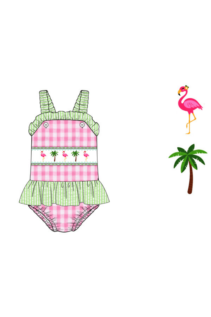 The Smocked Flamingo Apparel & Accessories Pre-Order Smocked Pink Gingham Seersucker Flamingo Swimsuit