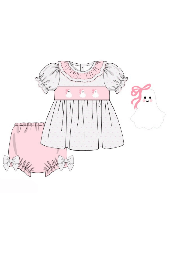 The Smocked Flamingo Apparel & Accessories Pre-Order Smocked Pink Swiss Dot Bow Ghost Bloomer Set