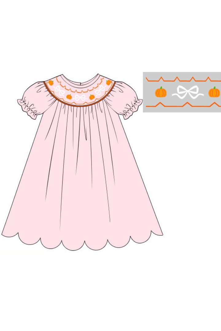 The Smocked Flamingo Apparel & Accessories Pre-Order Smocked Pique Bow Pumpkin Dress