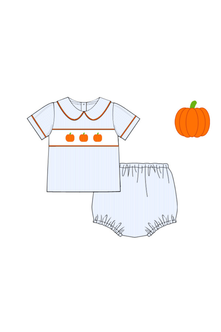 The Smocked Flamingo Apparel & Accessories Pre-Order Smocked Pumpkin Blue Pinstripe Diaper Set