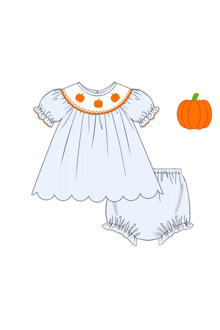 The Smocked Flamingo Apparel & Accessories Pre-Order Smocked Pumpkin Blue Pinstripe Scalloped Bloomer Set