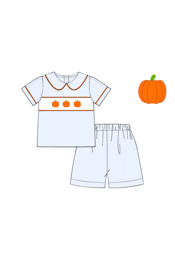 The Smocked Flamingo Apparel & Accessories Pre-Order Smocked Pumpkin Blue Pinstripe Short Set