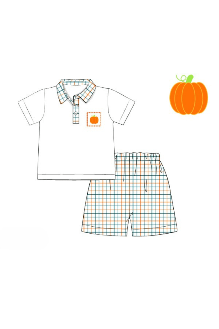 The Smocked Flamingo Apparel & Accessories Pre-Order Smocked Pumpkin Fall Plaid Polo Short Set