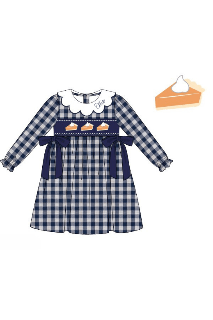 The Smocked Flamingo Apparel & Accessories Pre-Order Smocked Pumpkin Pie Navy Linen Gingham Bow Dress
