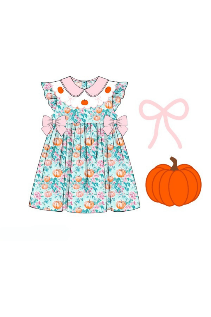 The Smocked Flamingo Apparel & Accessories Pre-Order Smocked Pumpkin Turquoise Bow Dress
