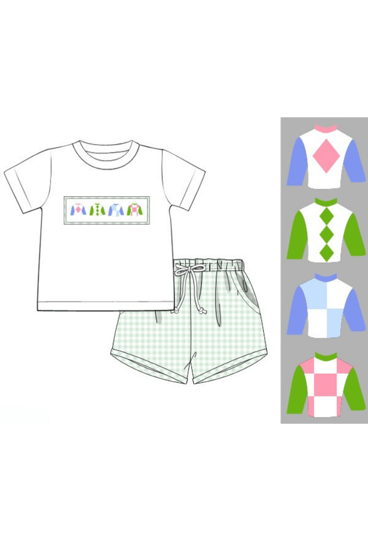 The Smocked Flamingo Apparel & Accessories Pre-Order Smocked Sage Gingham Jockey Silks Short Set