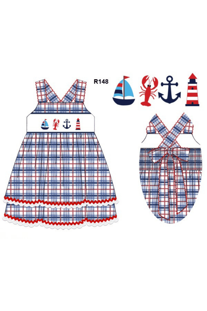 The Smocked Flamingo Apparel & Accessories Pre-Order Smocked Sailboat Plaid Dress
